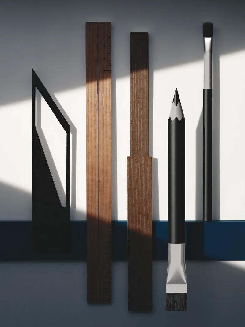 Illustration conceptuelle d'un set d'outils de croquis soigneusement disposés